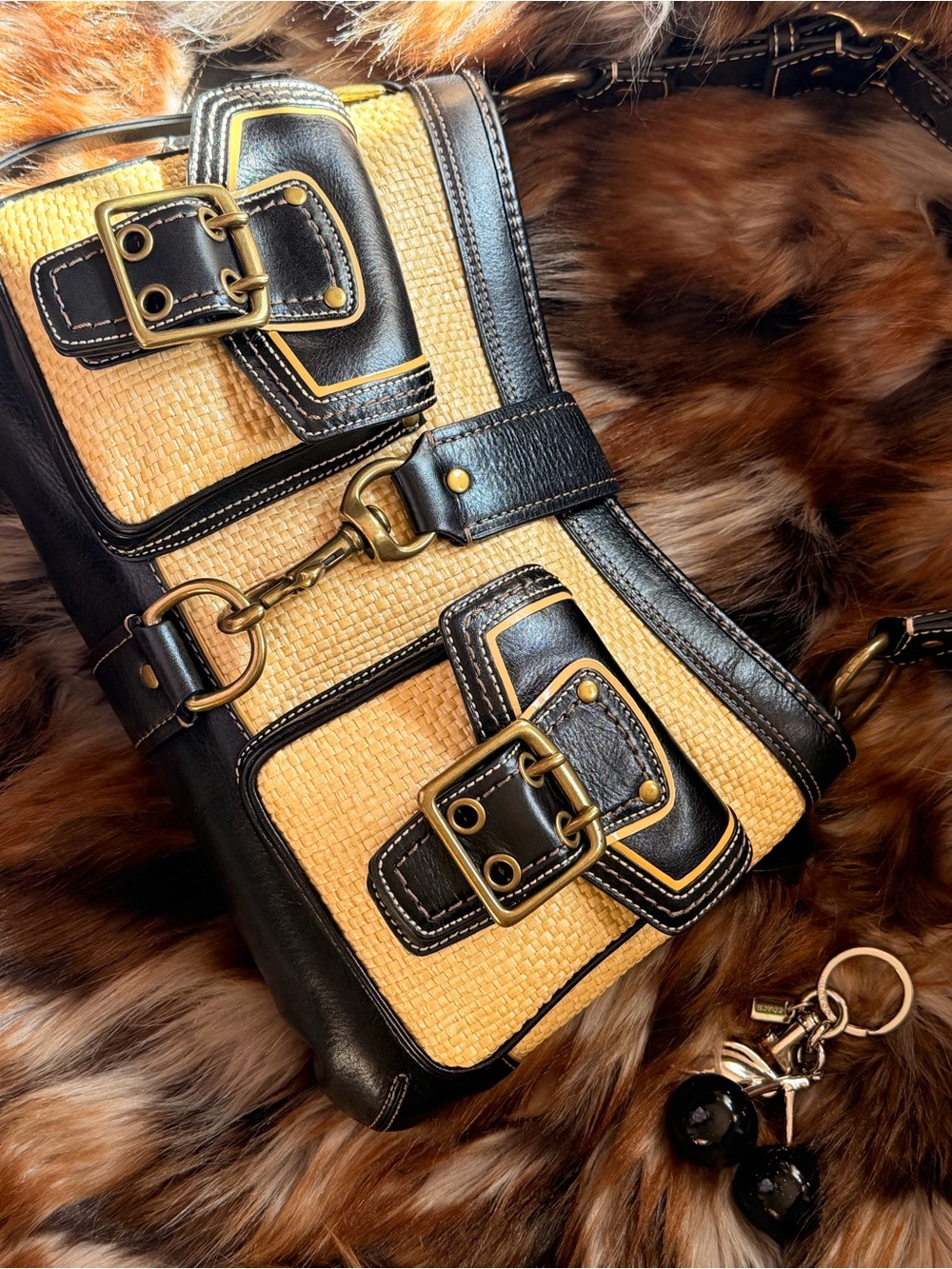 Coach Black Leather and Natural Straw Shoulder Bag with Brass Hardware